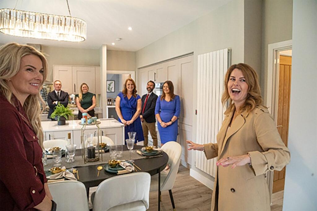 Front, Bellway North East Sales Director Emma Chesterton (left) and North East Mayor Kim McGuinness in the kitchen of the showhome at Centurion Chase.