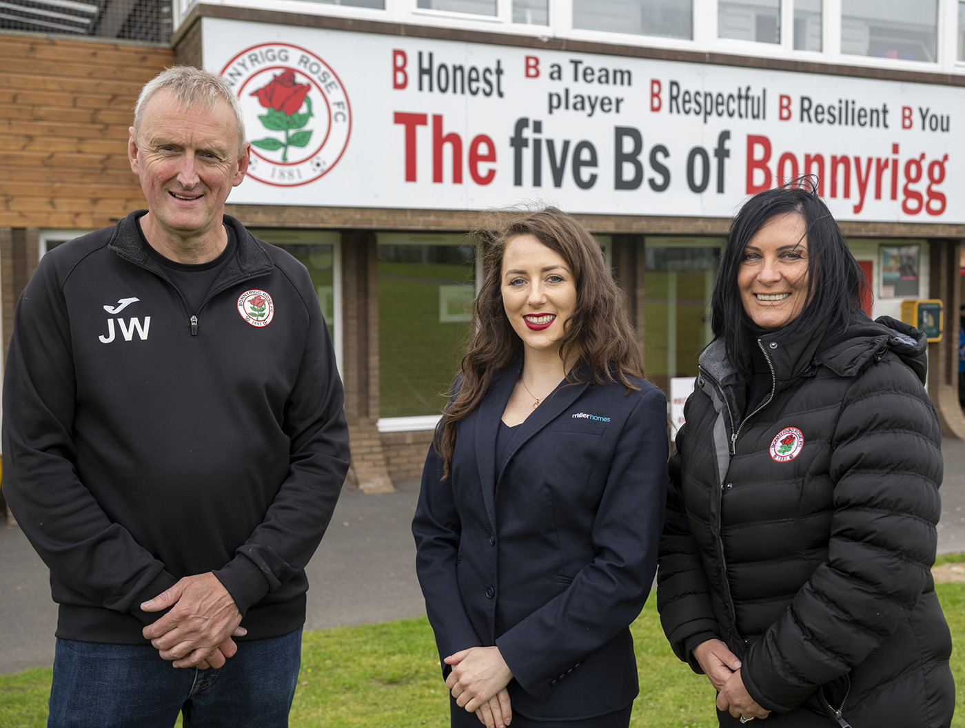 Bonnyrigg Rose Community Foodball Club General Manager Jim Wilson, Development Manager Trish Sime, and Miller Homes’ Development Sales Manager Jenna Fordyce (© Phil Wilkinson Photography)
