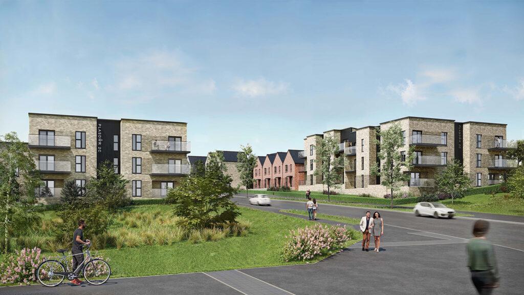 A CGI of new homes at Porth yr Awen, Plasdŵr